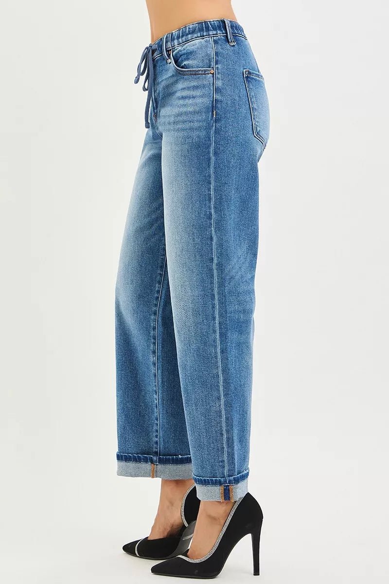 RISEN Elastic Band Slouch Ankle Boyfriend Cuffed Hem Jeans - Desert Sunday