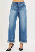RISEN Elastic Band Slouch Ankle Boyfriend Cuffed Hem Jeans - Desert Sunday