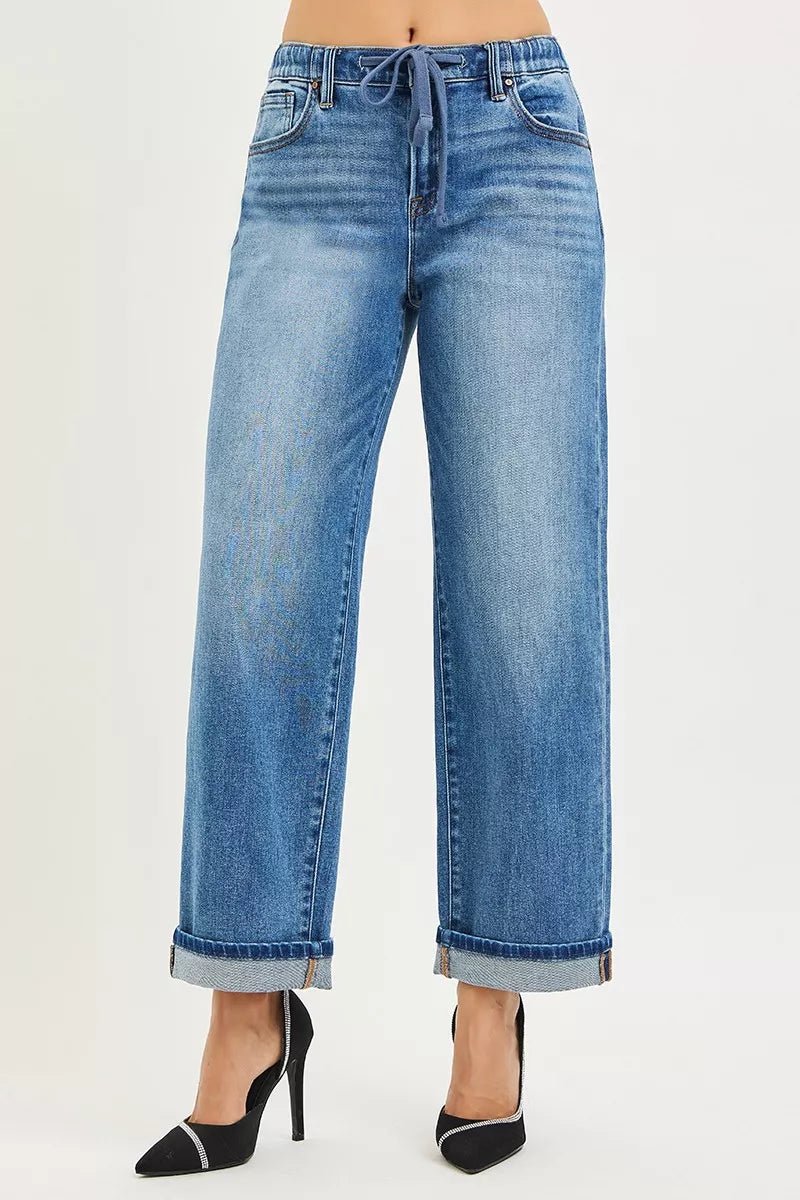 RISEN Elastic Band Slouch Ankle Boyfriend Cuffed Hem Jeans - Desert Sunday