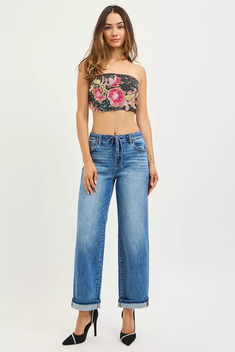 RISEN Elastic Band Slouch Ankle Boyfriend Cuffed Hem Jeans - Desert Sunday