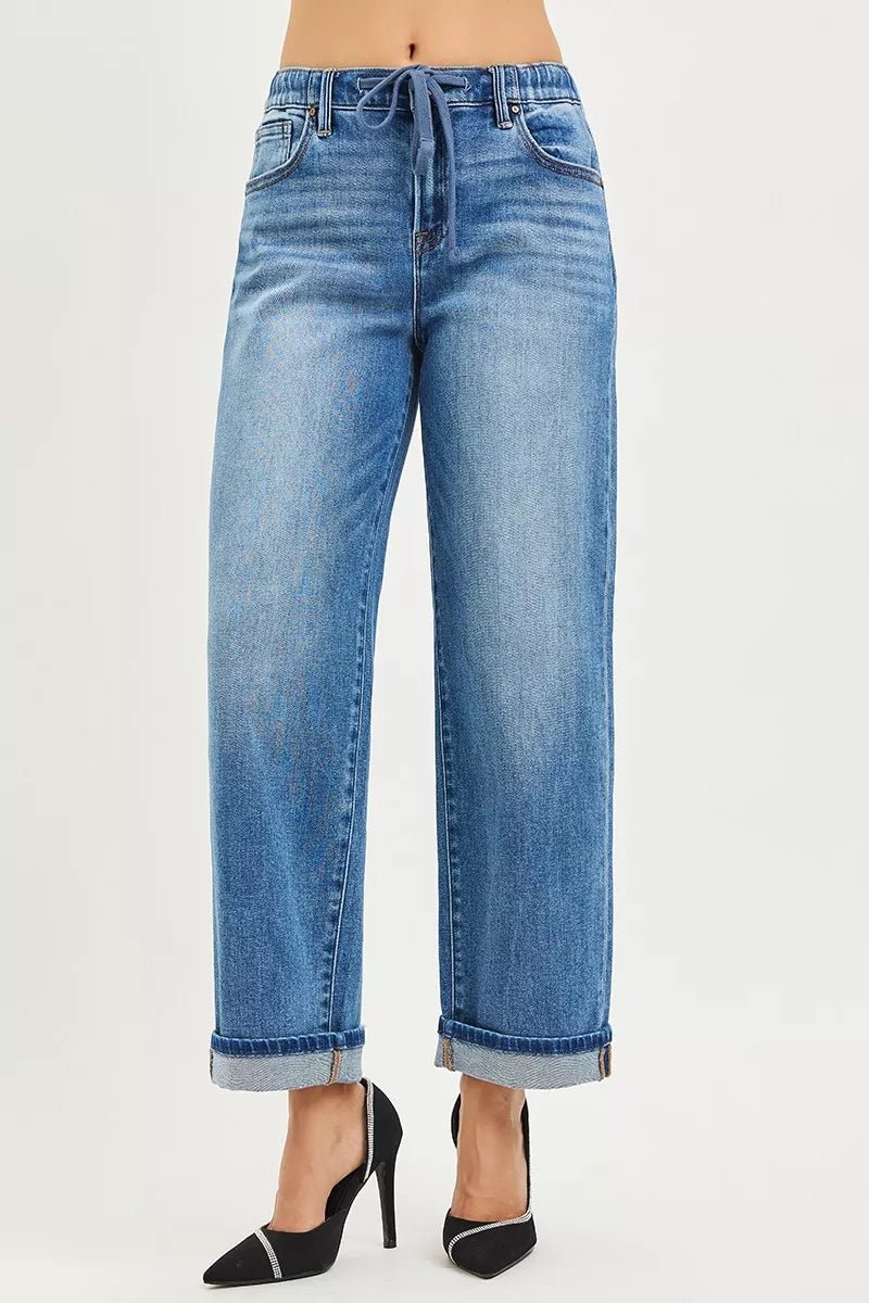 RISEN Elastic Band Slouch Ankle Boyfriend Cuffed Hem Jeans - Desert Sunday