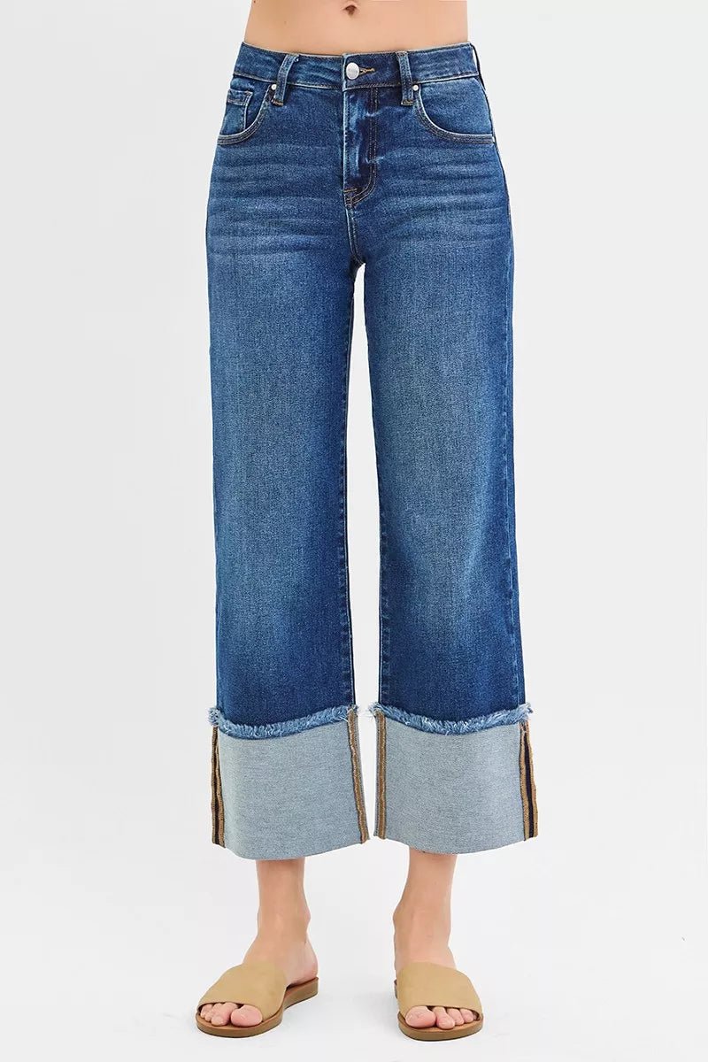 RISEN Full Size Mid Rise Crop Wide Wide Cuffed Jeans Plus Size - Desert Sunday