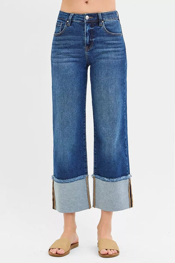 RISEN Full Size Mid Rise Crop Wide Wide Cuffed Jeans Plus Size - Desert Sunday