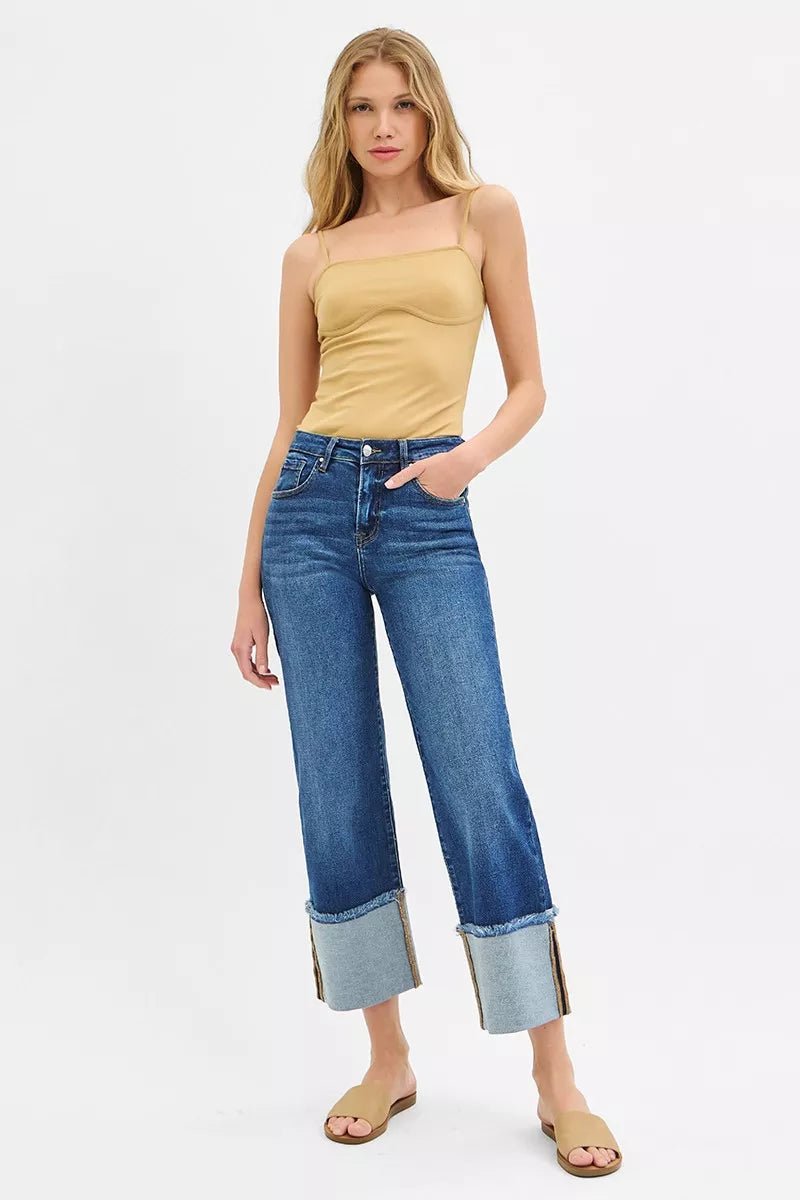 RISEN Full Size Mid Rise Crop Wide Wide Cuffed Jeans Plus Size - Desert Sunday