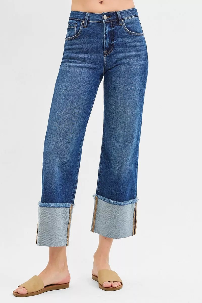 RISEN Full Size Mid Rise Crop Wide Wide Cuffed Jeans Plus Size - Desert Sunday