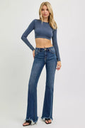 RISEN Full Size Mid Rise Flare Frayed Hem Jeans Plus Size - Desert Sunday