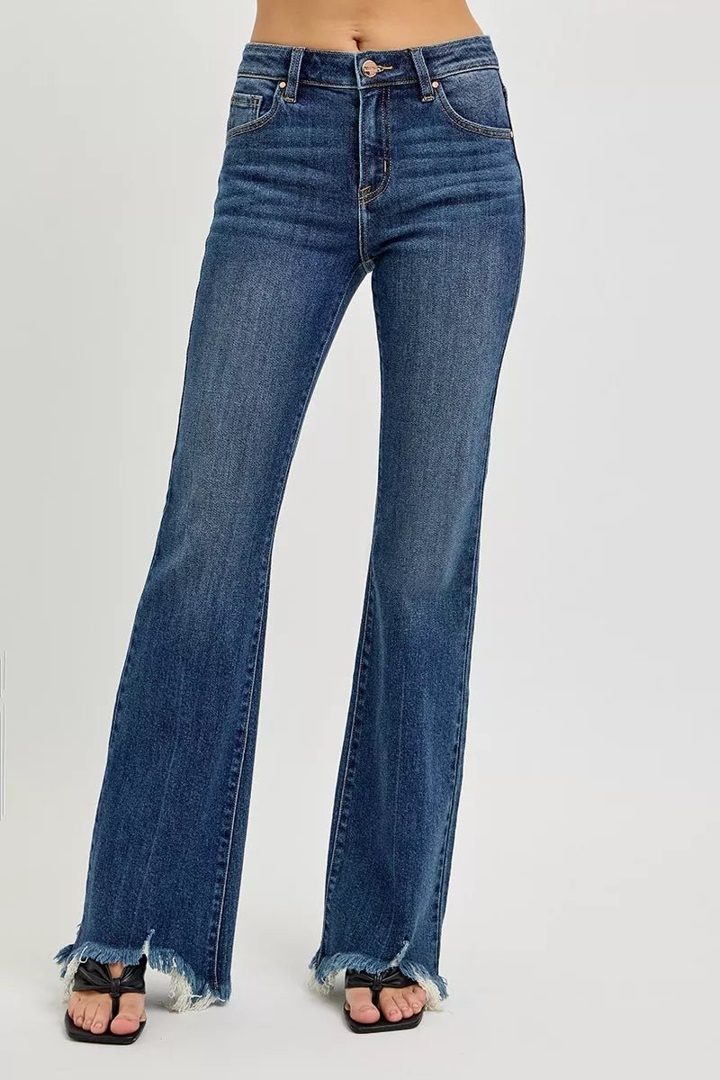 RISEN Full Size Mid Rise Flare Frayed Hem Jeans Plus Size - Desert Sunday