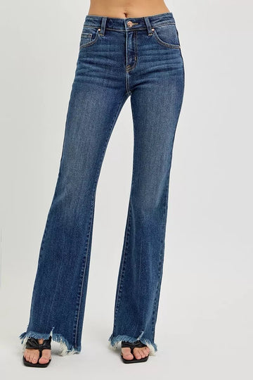RISEN Full Size Mid Rise Flare Frayed Hem Jeans Plus Size - Desert Sunday