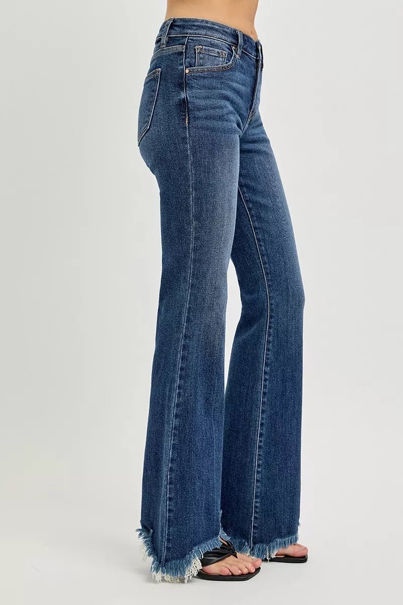 RISEN Full Size Mid Rise Flare Frayed Hem Jeans Plus Size - Desert Sunday
