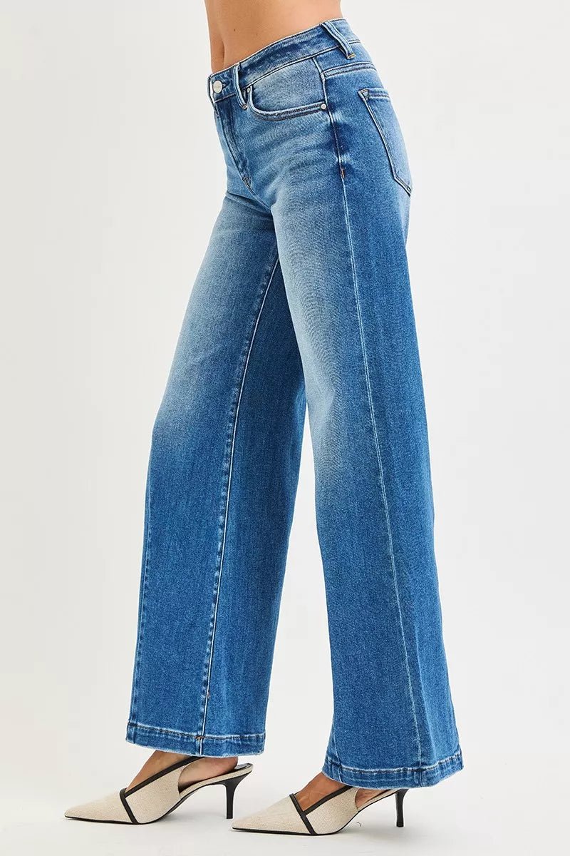 RISEN Full Size Mid Rise Wide Leg Jeans with Flared Look Plus Size - Desert Sunday