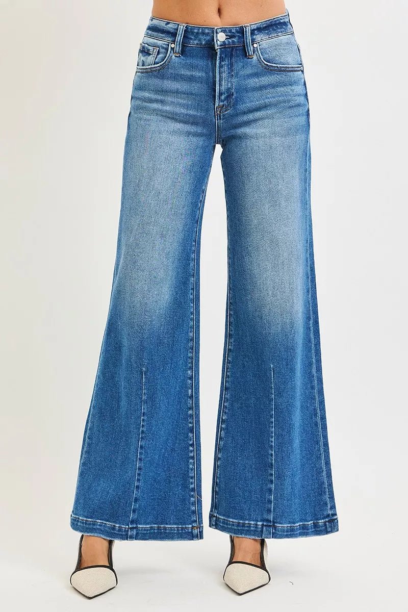 RISEN Full Size Mid Rise Wide Leg Jeans with Flared Look Plus Size - Desert Sunday