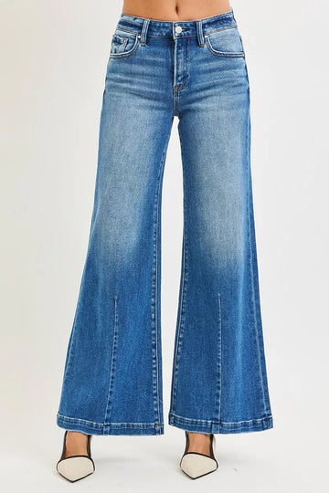 RISEN Full Size Mid Rise Wide Leg Jeans with Flared Look Plus Size - Desert Sunday