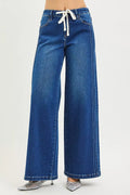 RISEN Full Size Mid Rise Wide Side Pintuck Jeans with Front Drawstring Plus Size - Desert Sunday