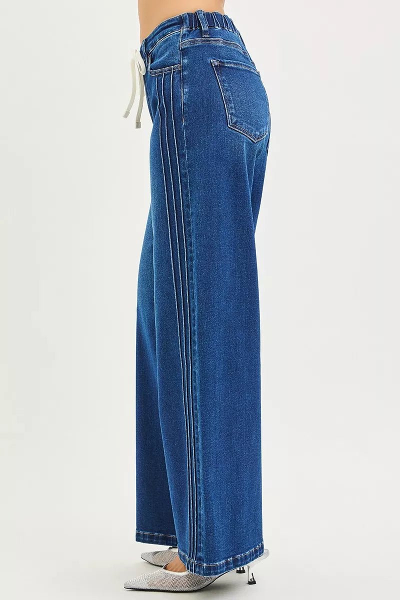 RISEN Full Size Mid Rise Wide Side Pintuck Jeans with Front Drawstring Plus Size - Desert Sunday
