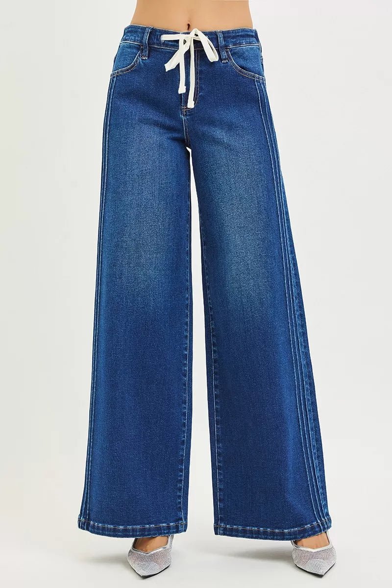 RISEN Full Size Mid Rise Wide Side Pintuck Jeans with Front Drawstring Plus Size - Desert Sunday