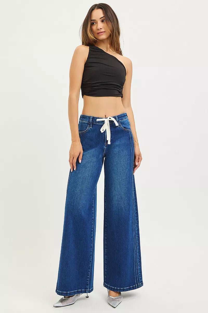 RISEN Full Size Mid Rise Wide Side Pintuck Jeans with Front Drawstring Plus Size - Desert Sunday