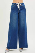 RISEN Full Size Mid Rise Wide Side Pintuck Jeans with Front Drawstring Plus Size - Desert Sunday