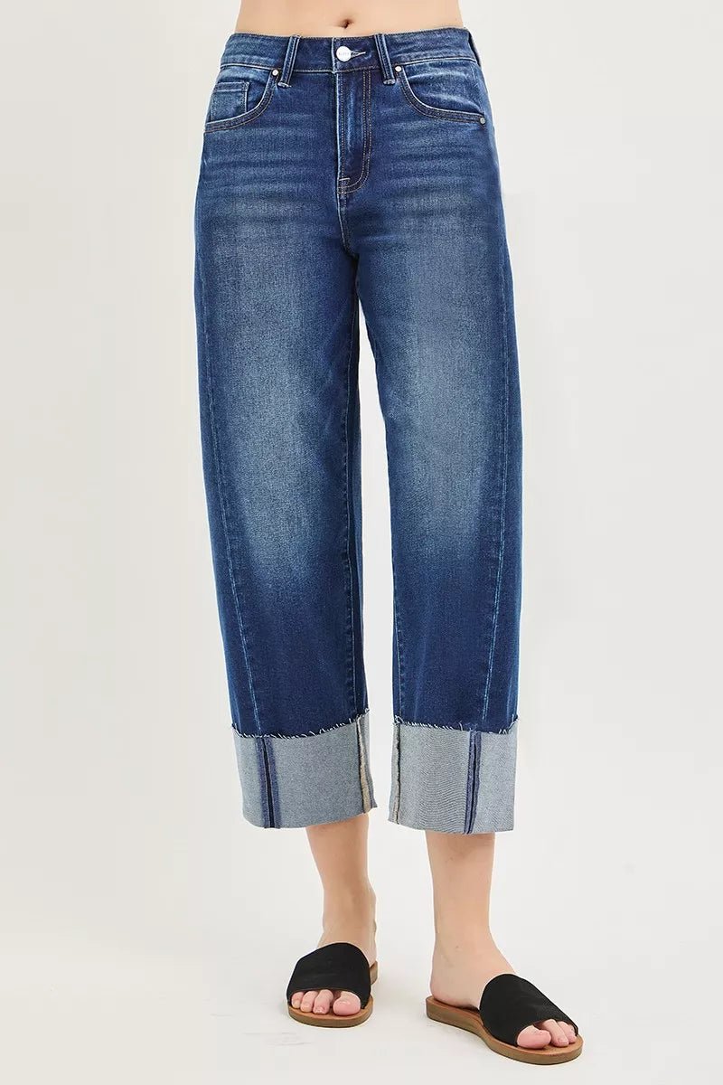 RISEN Full Size Slouchy Crop Barrel Cuffed Jeans Plus Size - Desert Sunday