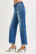 RISEN High Rise Ankle Straight Distressed Hem Detail Jeans - Desert Sunday