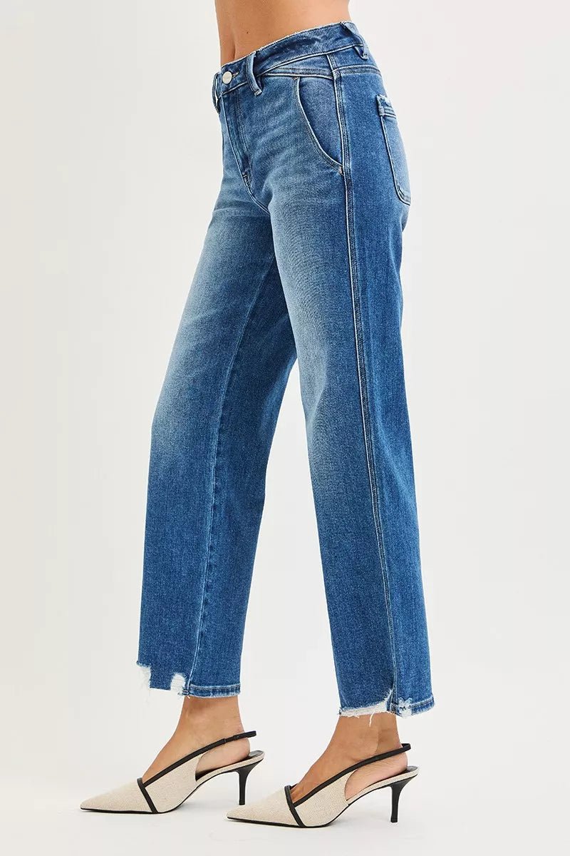 RISEN High Rise Ankle Straight Distressed Hem Detail Jeans - Desert Sunday