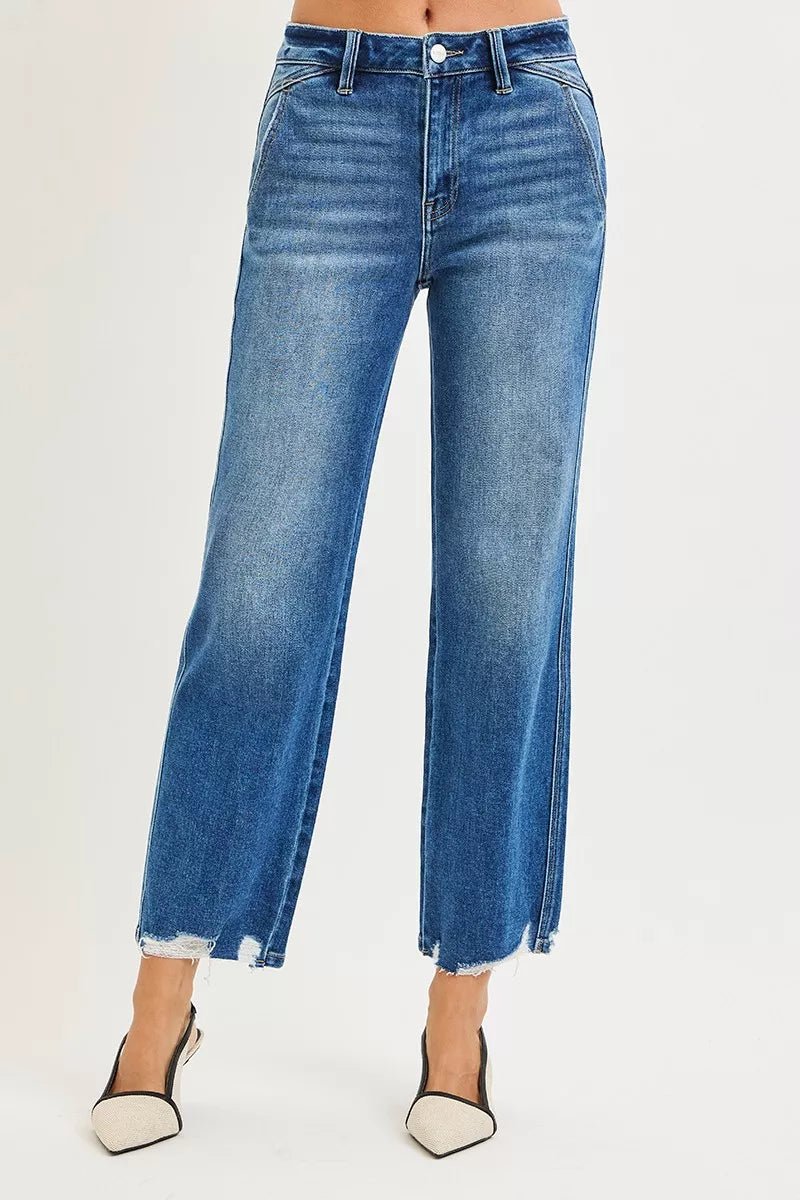 RISEN High Rise Ankle Straight Distressed Hem Detail Jeans - Desert Sunday