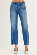 RISEN High Rise Ankle Straight Distressed Hem Detail Jeans - Desert Sunday
