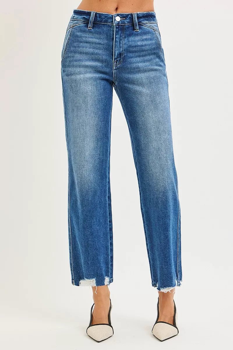 RISEN High Rise Ankle Straight Distressed Hem Detail Jeans - Desert Sunday