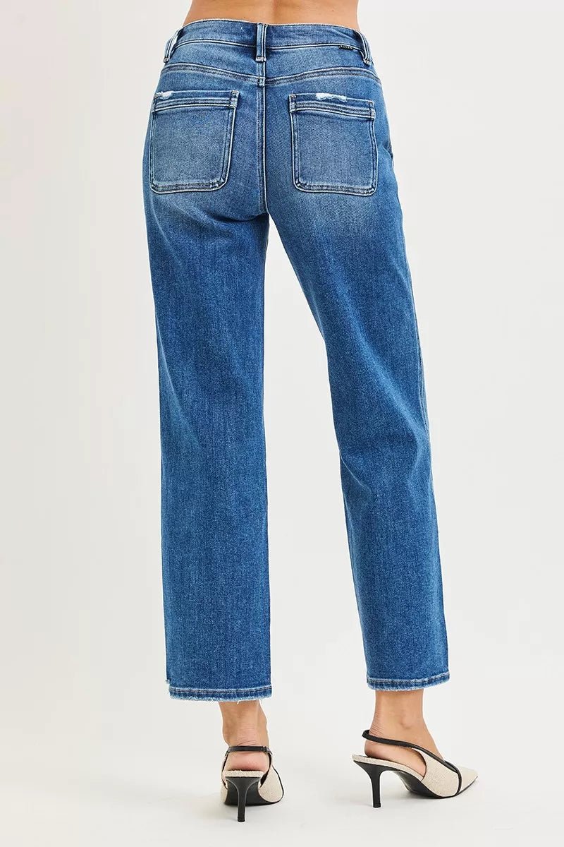 RISEN High Rise Ankle Straight Distressed Hem Detail Jeans - Desert Sunday