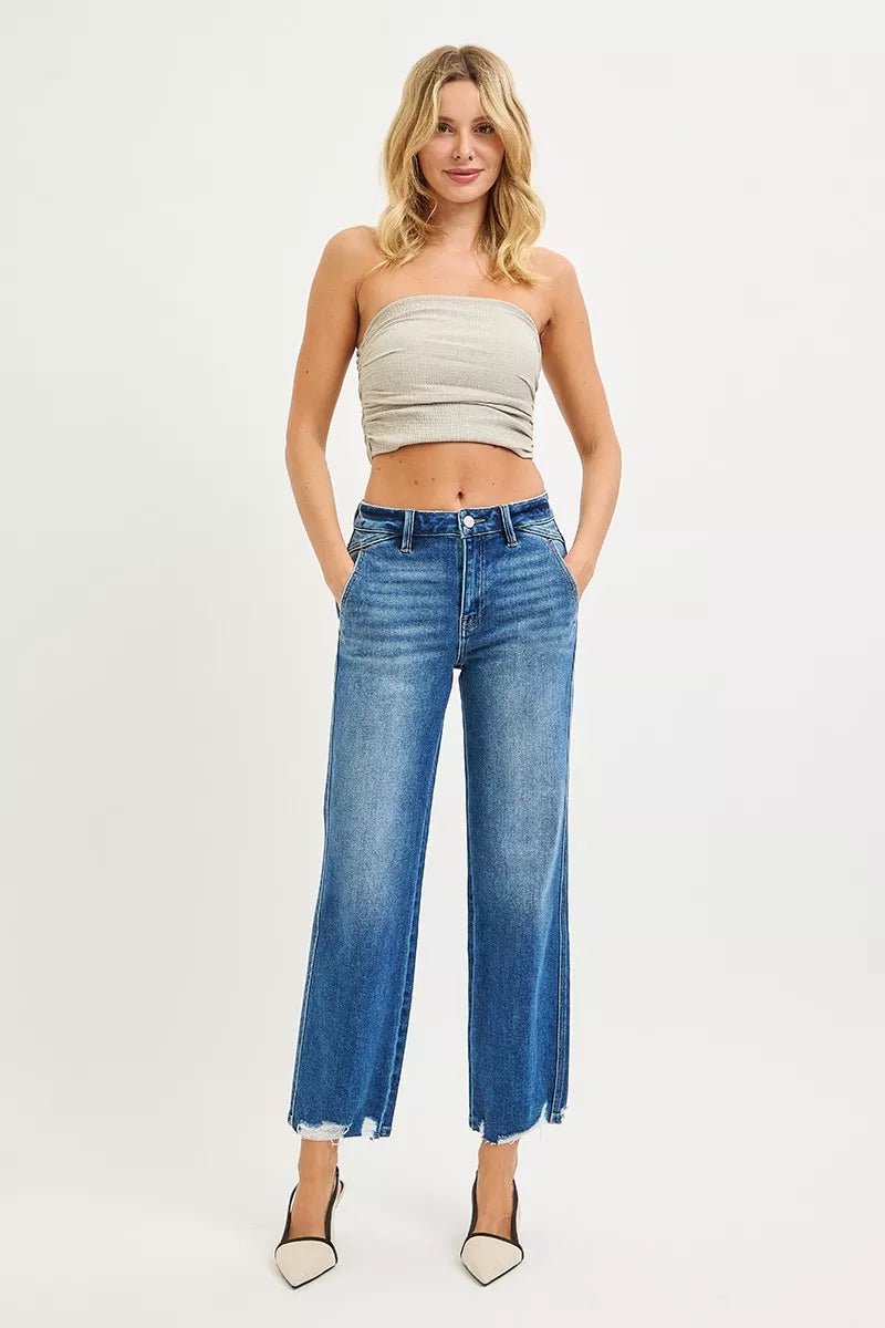 RISEN High Rise Ankle Straight Distressed Hem Detail Jeans - Desert Sunday