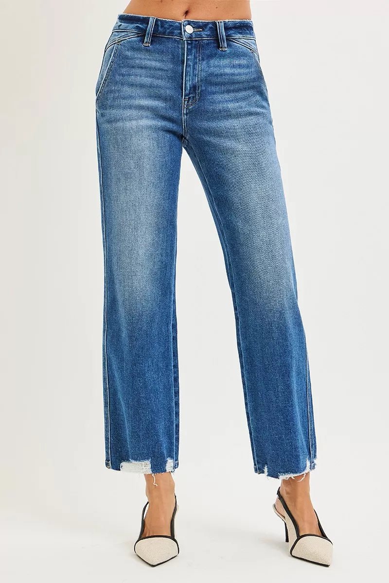 RISEN High Rise Ankle Straight Distressed Hem Detail Jeans - Desert Sunday