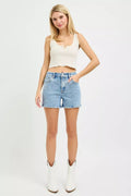 RISEN High Rise Denim Shorts with Embroidered Detail - Desert Sunday