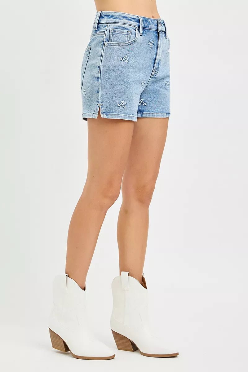 RISEN High Rise Denim Shorts with Embroidered Detail - Desert Sunday