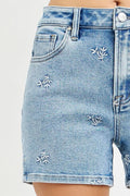 RISEN High Rise Denim Shorts with Embroidered Detail - Desert Sunday