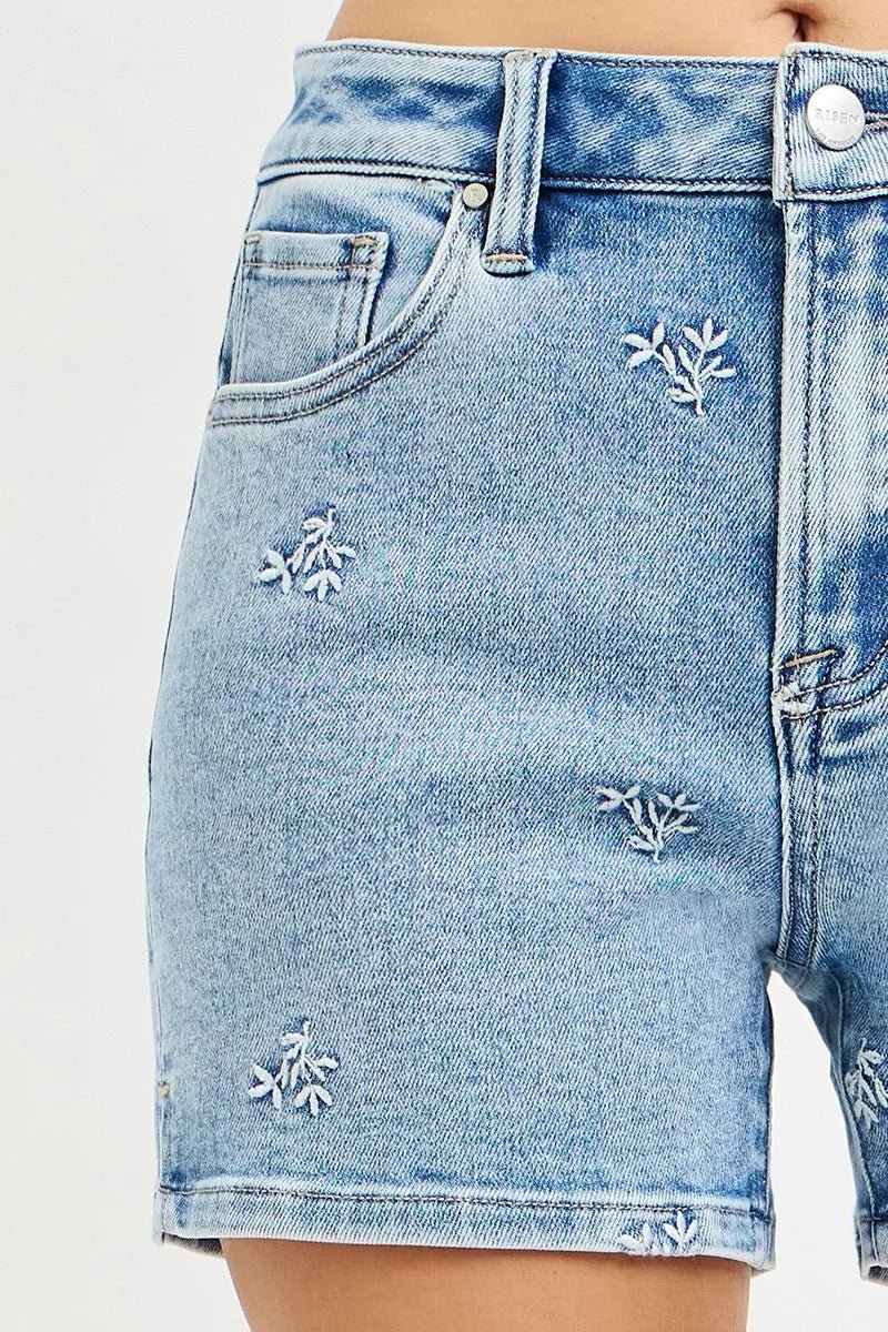RISEN High Rise Denim Shorts with Embroidered Detail - Desert Sunday