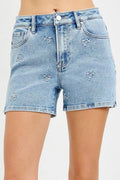 RISEN High Rise Denim Shorts with Embroidered Detail - Desert Sunday