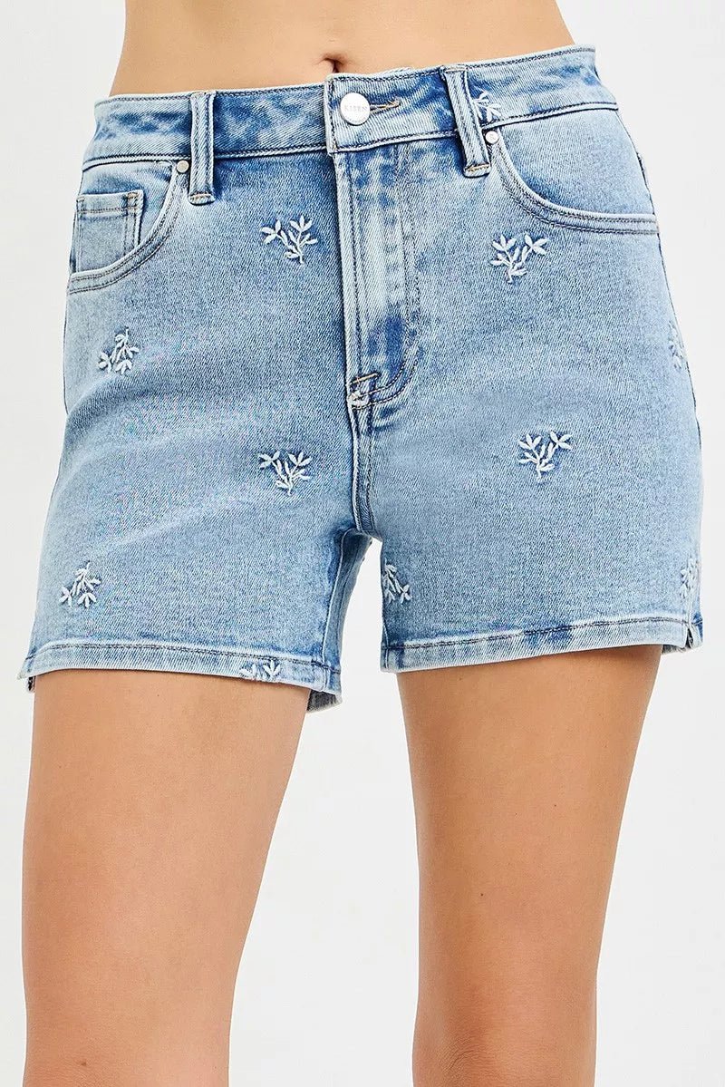 RISEN High Rise Denim Shorts with Embroidered Detail - Desert Sunday