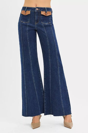 RISEN High Rise Wide Flare Jeans with Front Leather Pocket Detail - Desert Sunday
