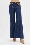 RISEN High Rise Wide Flare Jeans with Front Leather Pocket Detail - Desert Sunday