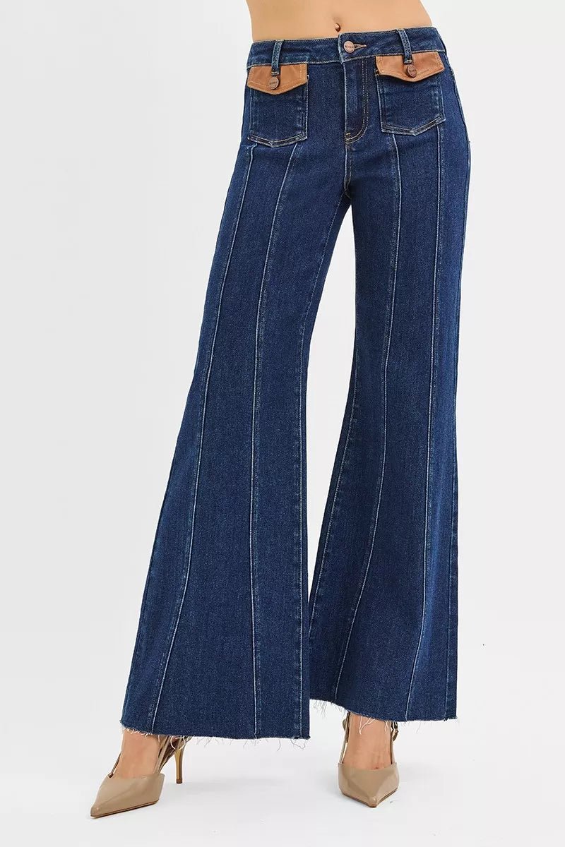 RISEN High Rise Wide Flare Jeans with Front Leather Pocket Detail - Desert Sunday