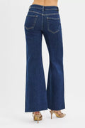 RISEN High Rise Wide Flare Jeans with Front Leather Pocket Detail - Desert Sunday
