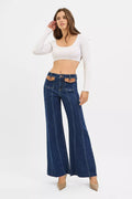 RISEN High Rise Wide Flare Jeans with Front Leather Pocket Detail - Desert Sunday