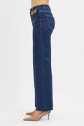 RISEN High Rise Wide Flare Jeans with Front Leather Pocket Detail - Desert Sunday
