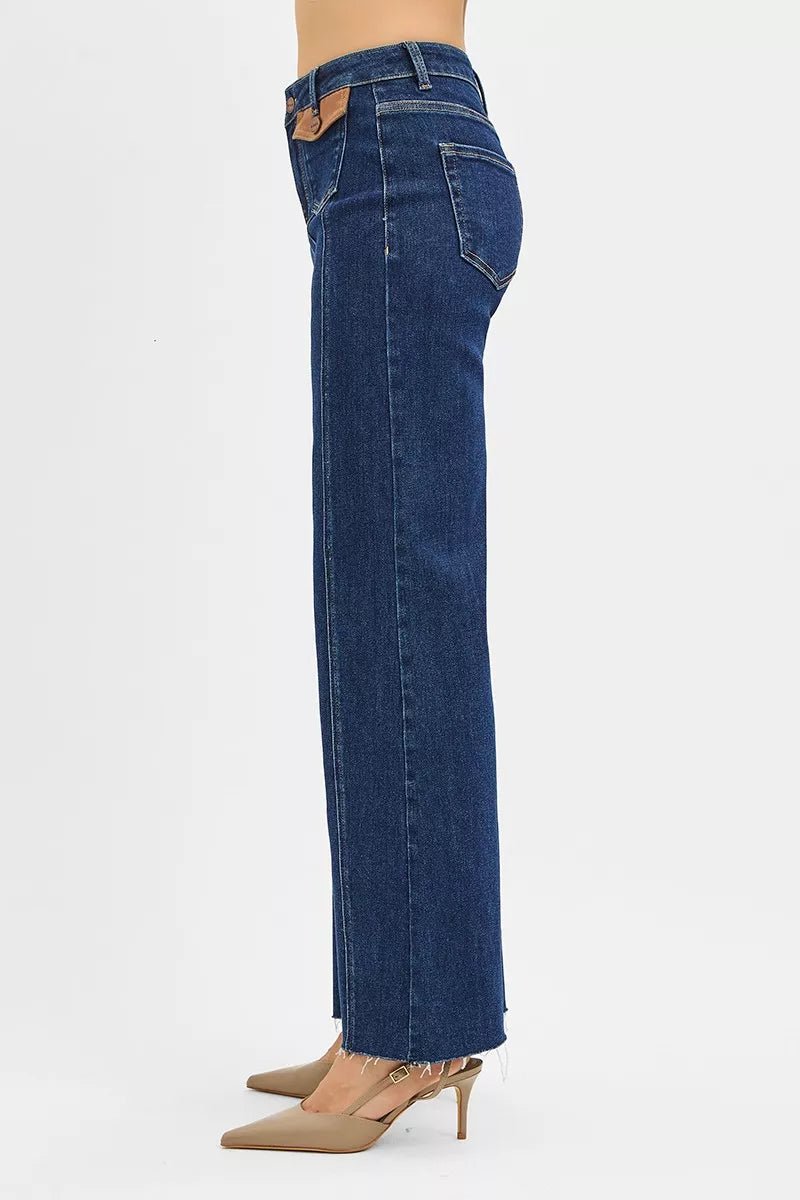 RISEN High Rise Wide Flare Jeans with Front Leather Pocket Detail - Desert Sunday
