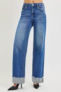 RISEN High Rise Wide Leg Jeans With Cuffed Hem - Desert Sunday
