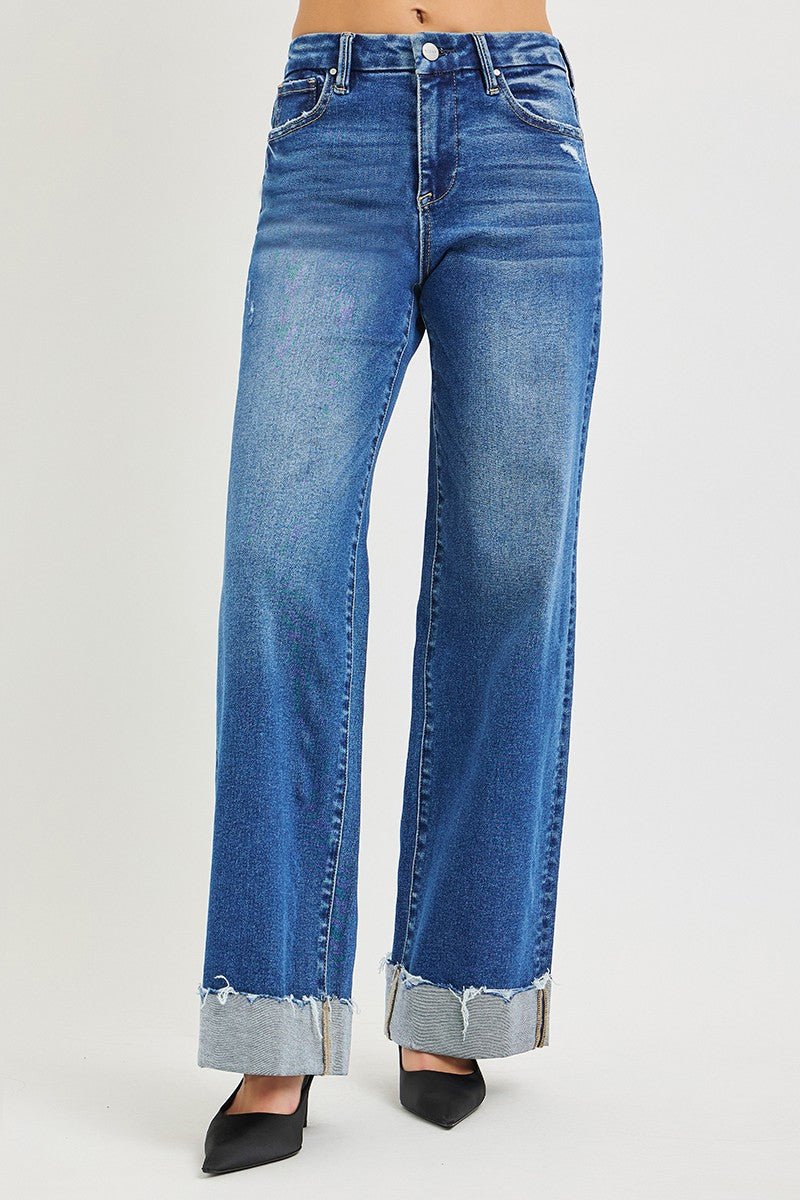RISEN High Rise Wide Leg Jeans With Cuffed Hem - Desert Sunday