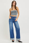 RISEN High Rise Wide Leg Jeans With Cuffed Hem - Desert Sunday