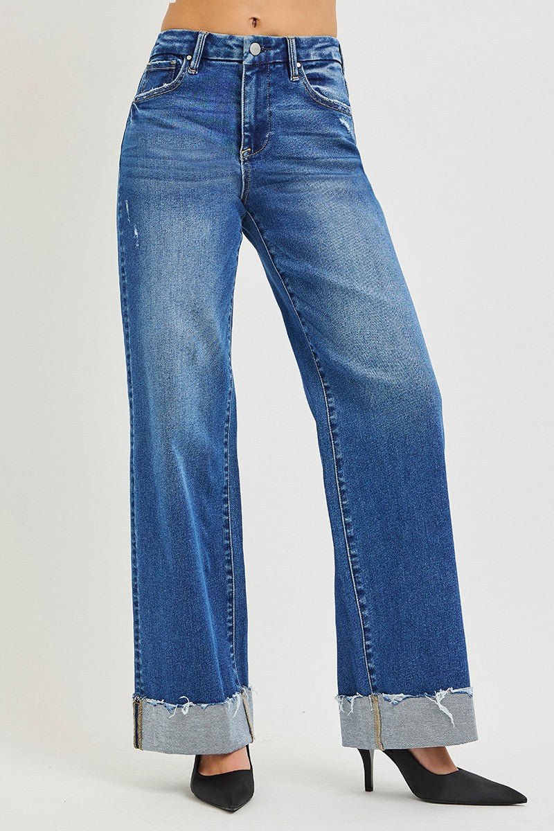 RISEN High Rise Wide Leg Jeans With Cuffed Hem - Desert Sunday
