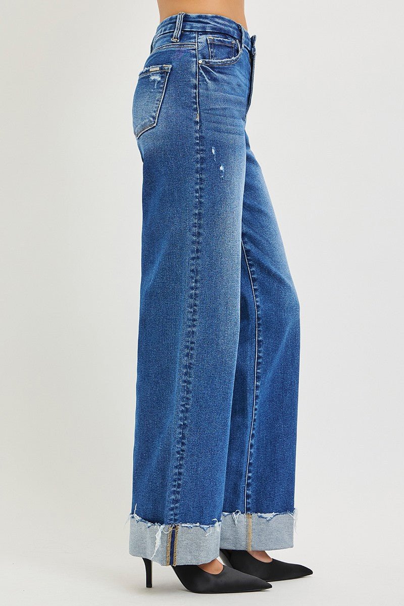 RISEN High Rise Wide Leg Jeans With Cuffed Hem - Desert Sunday