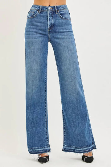 RISEN High Rise Wide Leg Jeans With Released Hem - Desert Sunday