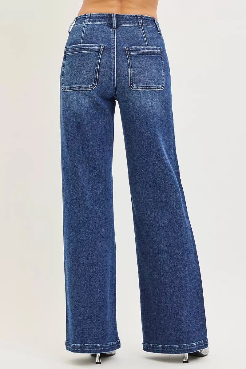 RISEN High Rise Wide Leg Slanted Pocket Jeans - Desert Sunday